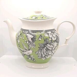 222 Fifth ADELAIDE Green And White Pattern Tall Tea Pot Lid Floral Bird